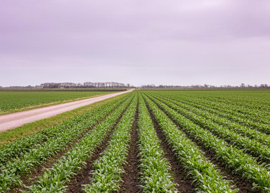 Groen landbouwperceel langs de Lemsterweg bij Lemmer met jonge gewassen in rechte rijen