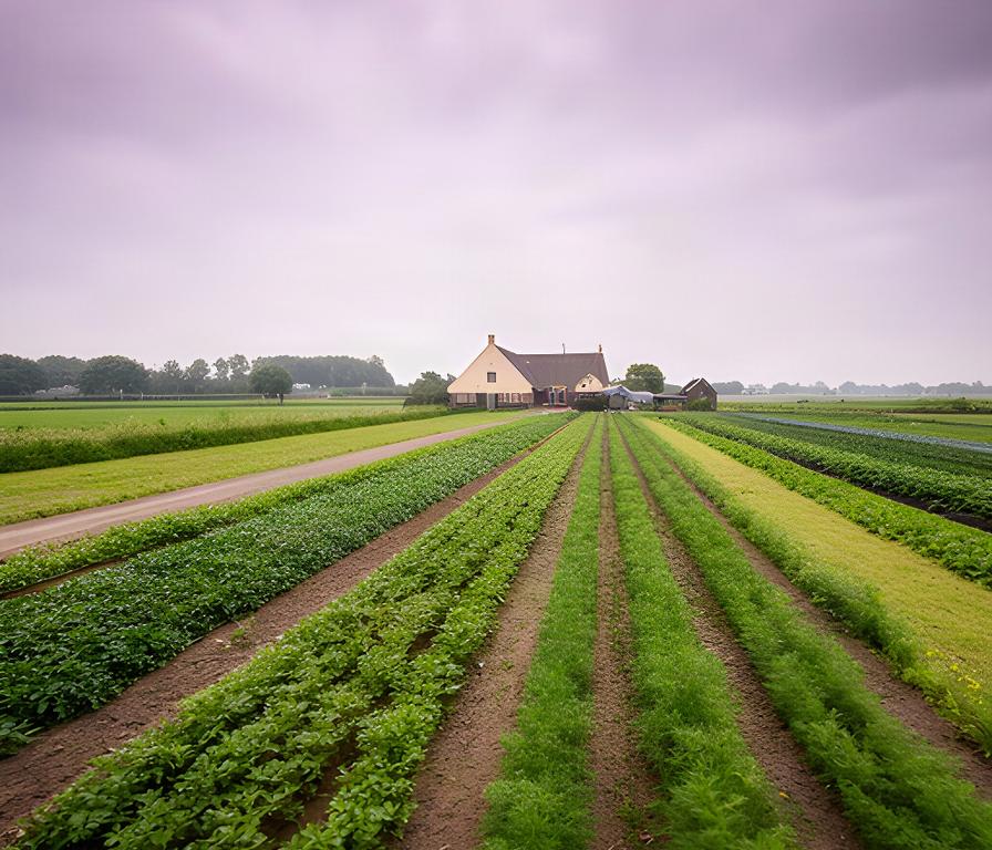 Akker met strokenteelt in rechte banen naast een boerderij bij Lemmer