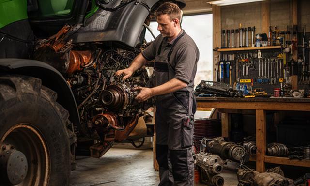 Monteur die onderhoud uitvoert aan een trekker in een boerderijwerkplaats