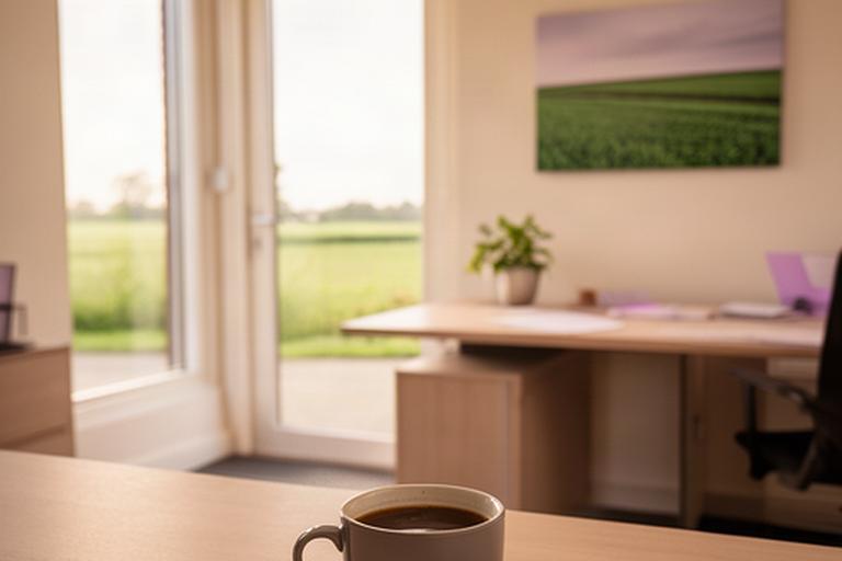 Kantoor van Ace Polder aan de Lemsterweg in Lemmer met een koffiekop op tafel