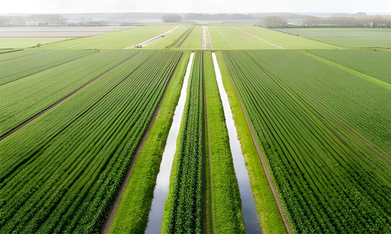 Dronebeeld van groene akkers bij Lemmer met rechte zaailijnen en sloten