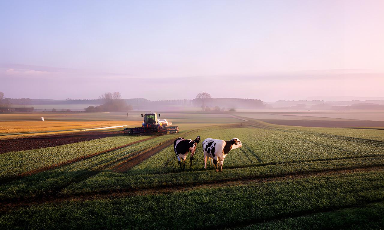 Uitgestrekt Fries akkerland met koeien en een landbouwmachine in zacht ochtendlicht