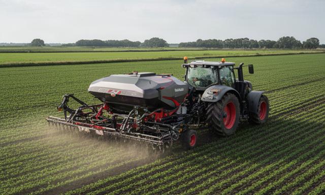 Landbouwmachine die precisiebemesting toepast op Friese kleigrond